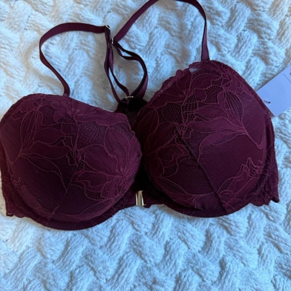 Auden Lace Push-Up Front Close Plunge Bra Berry Red 34DD